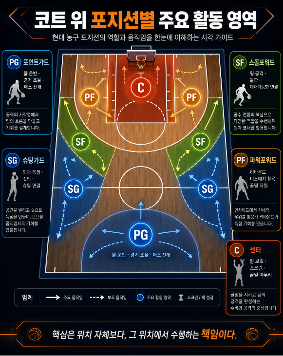 농구 코트 위 PG, SG, SF, PF, C 포지션별 주요 활동 영역을 색상과 화살표로 설명한 전술 인포그래픽