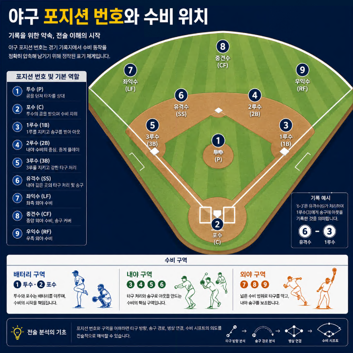 야구장 다이아몬드 위에 1번 투수부터 9번 우익수까지 포지션 번호와 수비 위치를 표시한 인포그래픽